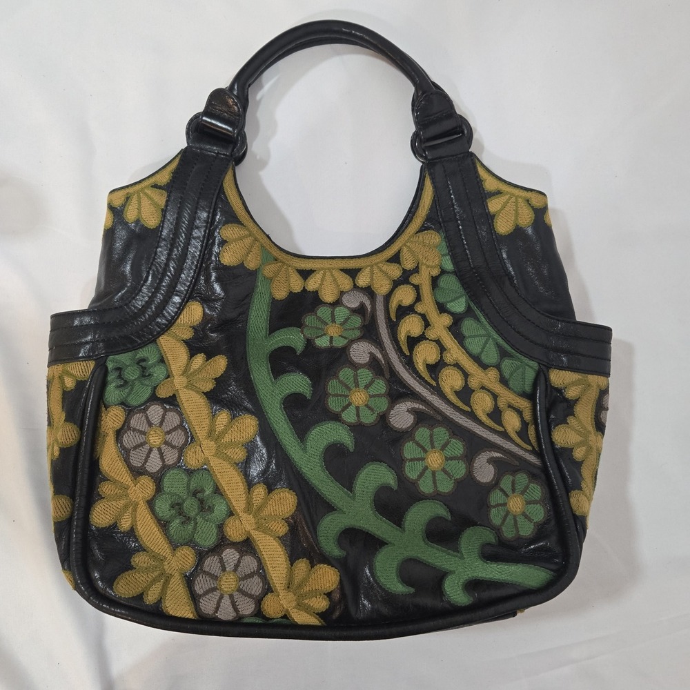 Y2K Lockheart Black Leather Embroidered Floral Satchel Handbag Boho